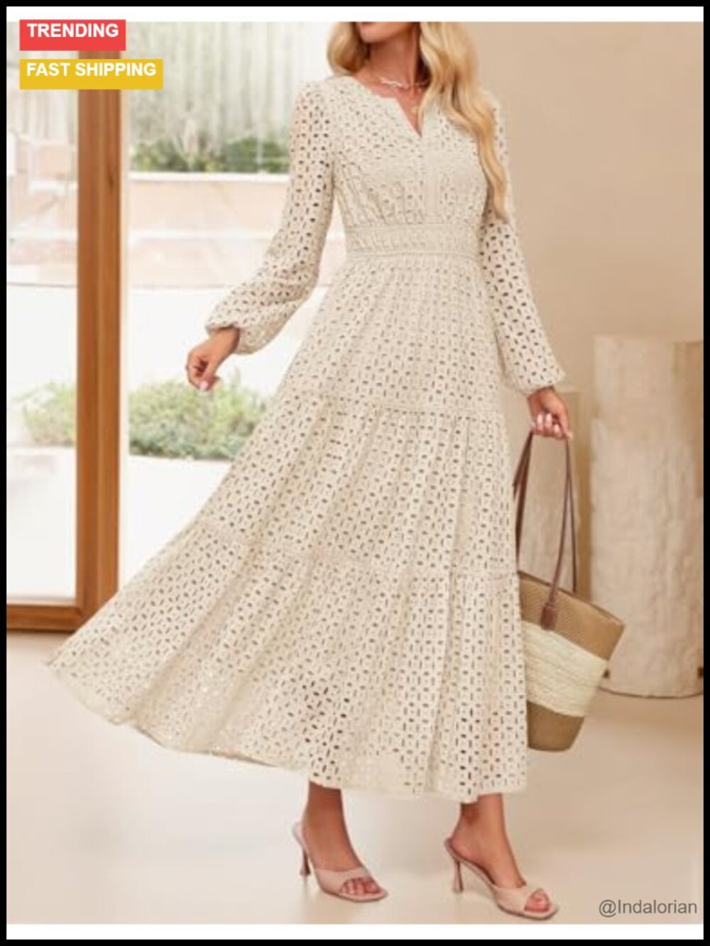 ZESICA Women's Long Sleeve Eyelet Maxi Dress V Neck A Line Flowy - Picture 2 of 6